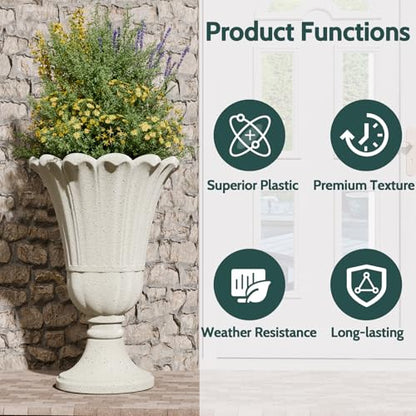 Tall Plastic Urn Planters and Pedestal - 24" Outdoor Planter Beige - color: White-petal