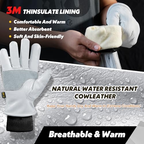 DLY Winter Gloves Men,Mens Leather Gloves,Insulated Work Gloves,White,L