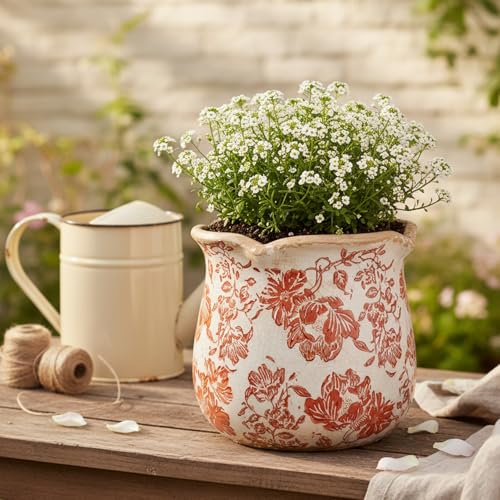 Country Farmhouse Fall Planters, Vintage Ceramic Plant Pot with Drainage - color: Red Flower