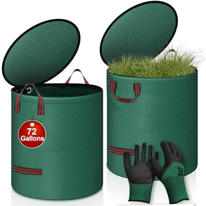 Reusable Yard Waste Bags with Lid, 2 Pack 72 Gallon Lawn and Leaf Garden Bags Heavy Duty with 4 Handles, Collapsible Garden Waste Container for Collecting Indoor Outdoor Debris Leaves Grass Clippings