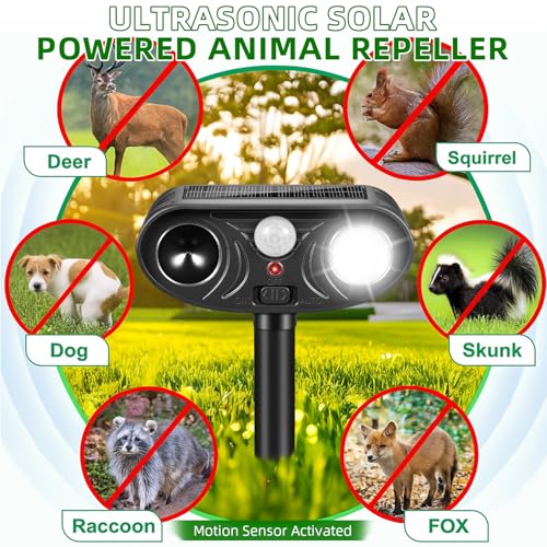 2026 Upgraded Solar Ultrasonic Animal Repellent Deer Cat Squirrel Deterrent Devices Motion Activated with LED Strobe Light Repeller Keep Dog Raccoon Skunk Rabbit Away from Yard Garden Farm 4 Pack