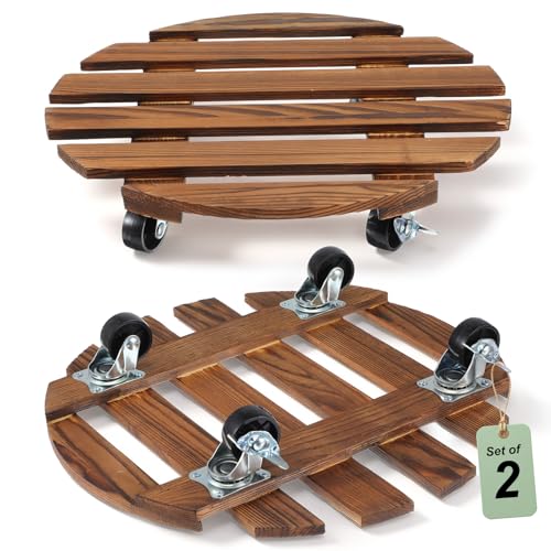 2 Pack Wood Plant Caddy with Wheels, 14 Inch Heavy-Duty Plant Dolly with 360° Lockable Casters, Rolling Plants Stand for Large Pots, Indoor & Outdoor Use