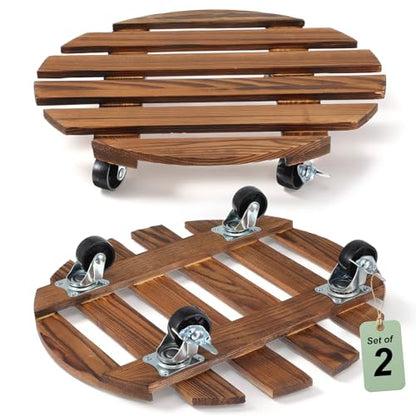 2 Pack Wood Plant Caddy with Wheels, 14 Inch Heavy-Duty Plant Dolly with 360° Lockable Casters, Rolling Plants Stand for Large Pots, Indoor & Outdoor Use