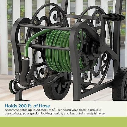 Suncast Metal Decorative 200' Hose Cart with Flat-Free Wheels and Foot Caps, Stylish Garden Hose Reel Cart for 200' of Standard Vinyl Hose - size: 200 Feet