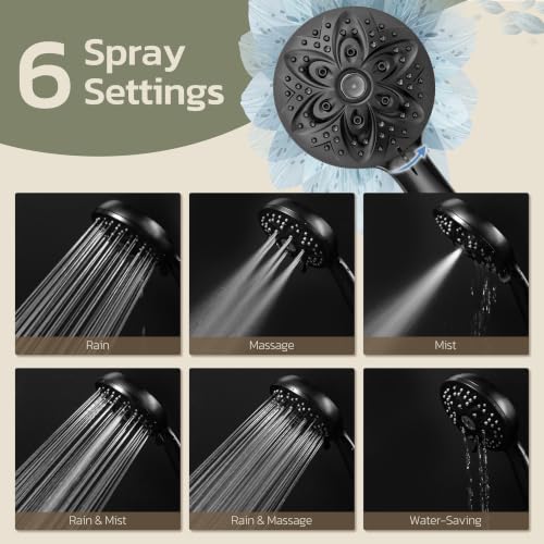 JDO Shower Head with Handheld, High Pressure Handheld 6 Settings, Detachable Shower Head Set with Stainless Steel Hose and Shower Bracket (Matte Black) - color: Matte Black, style: 6 Modes