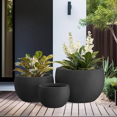 Kante Set of 3 Black Concrete Bowl Planters 20" 15.7" 11.8" Dia - color: Black, size: 19.9"D + 15.7"D + 11.8"D