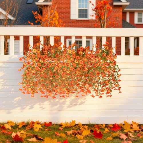 INQCMY Artificial Fall Flowers for Outdoors Faux Mums UV Resistant - color: Red Orange