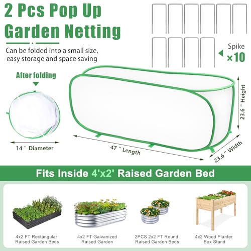 2 Pack Garden Netting Covers, 3.9X2FT Raised Bed Plant Netting, 10 Stakes - size: 2PCS-Pop Up