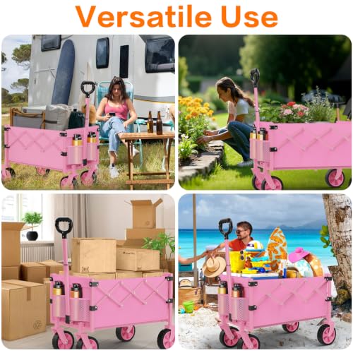 COZEER Wagons Carts Foldable, 360LBS Folding Heavy Duty Wagon with Wheels - color: Pink, size: 100L