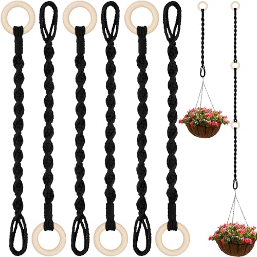 6 Pack Adjustable Macrame Plant Hanger Extender Handmade Woven Hanging Basket Extenders Connectable Rope Hanging Extension with Wooden Ring for Indoor Outdoor Plant Pot Holder(Black) - color: Black