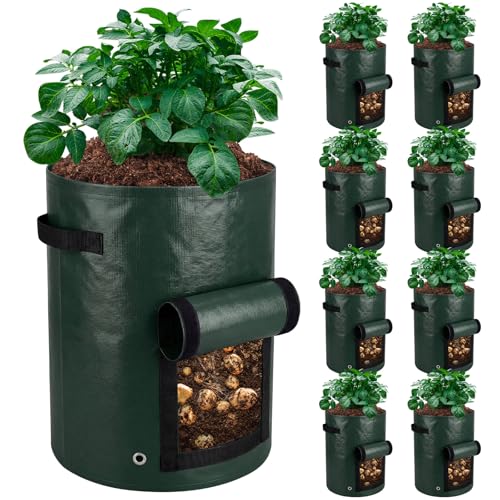 8 Pack 20 Gallon Extra Potato Grow Bags with Flap Window, PE Fabric Pots with Handles for Vegetables Garden Planting Flowers Green Planter, 15.75 x 23.62 Inch - color: Green