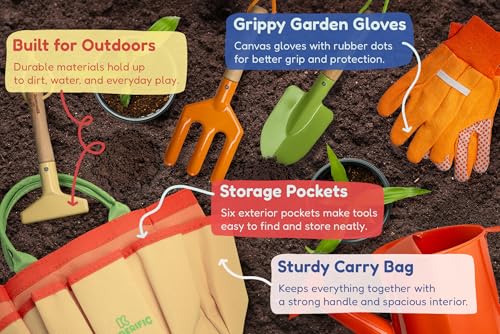 Kinderific Gardening Set, Tool Kit, for Kids, STEM, Includes Tote Bag, Spade, Watering Can, Rake, Fork, Trowel and Gloves (Sunshine) - color: Sunshine