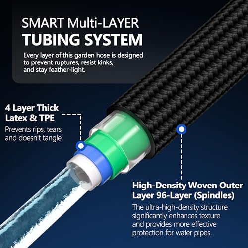 Flexible Garden Hose 25 FT, Ultra Lightweight Water Hoses 25FT w/10 Function Sprayer and 3/4" Brass Fittings, Kink-Free, Sturdy, Abrasion Resistant for Yard, Lawn, Outdoor and Gardening(Black)
