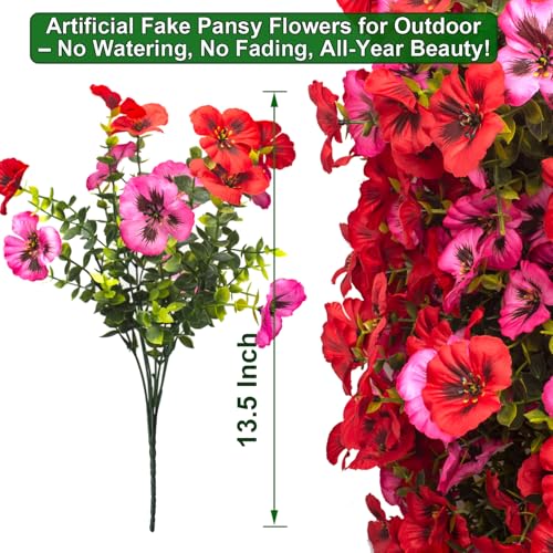 Grunyia Fake Pansy Flowers 16Pcs Artificial Silk Flowers UV Resistant for Outdoors, Realistic Faux Pansies for Planters Window Boxes Porch Garden Decor (Red & Pink) - color: Red+pink