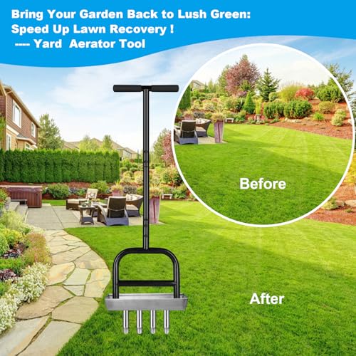 Lawn Aerator Manual Garden Tool with Soil Core Tray - 4 Stainless Steel Core Plug Aerator for Grass Aeration, Yard Lawn Care Heavy Duty Garden Tool for Healthy Lawn Growth