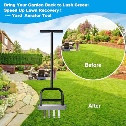 Lawn Aerator Manual Garden Tool with Soil Core Tray - 4 Stainless Steel Core Plug Aerator for Grass Aeration, Yard Lawn Care Heavy Duty Garden Tool for Healthy Lawn Growth