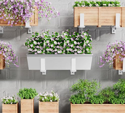 Y&M 6 Pack Adjustable Planter Brackets (6 to 12.5 in), Universal Window Box Brackets, Heavy Duty Iron Flower Box Wall Mounting Hooks for Balcony, Fences, Patio, and Garden - White - size: 6pcs White