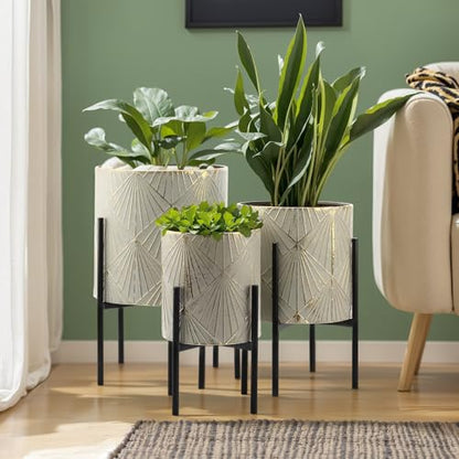 LuxenHome Planters for Indoor Plants, Set of 3 Floor Plants Pots with Stand - color: Green Gray