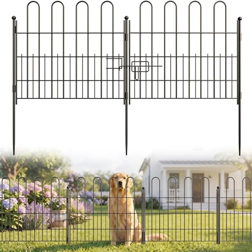 Bepatio Garden Fence with Gate, 5 Panels 24in x 10ft Metal Animal Barrier - size: 5 Panels 24in(H)x10ft(L)-With Gate