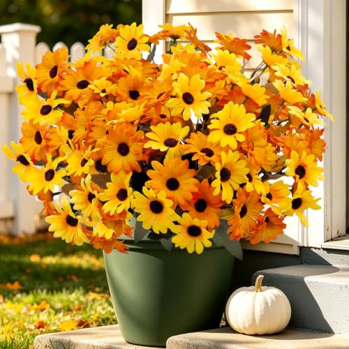 8 Bundles Yellow Flowers Artificial Black Eyed Susans Mums for Outdoors - color: Yellow and Orange
