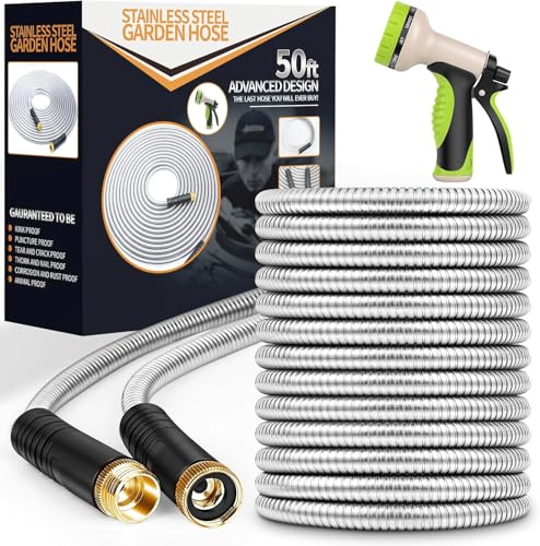 Unywarse Garden Hose 50FT Metal Water Hose with 10 Function Nozzle No-Kink - size: 50FT