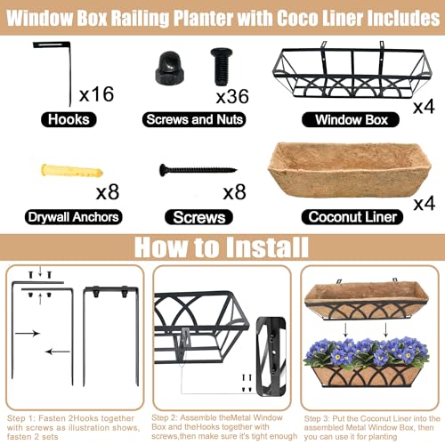 Flat Railing Planter Window Box 4 Pack 24" Horse Trough Planter with Coco Fiber Liner Metal Window Planter Box Deck Balcony Rail Planter for Outdoor Porch Fence Patio