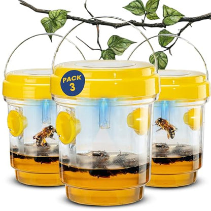 Solar Wasp Traps Outdoor Hanging 3 Pack Reusable Catcher with LED Light for Yellow Jackets Hornets Bees Flies Patio Porch Garden Backyard