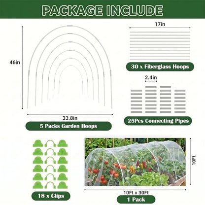 Garden Netting Kit for Raised Beds, 10x30FT Ultra Fine Mesh Netting & 5 Sets Garden Hoops with 18 Clips, Greenhouse Row Cover Net for Vegetable Fruits Flowers Barrier