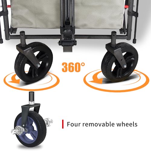 TMZ Collapsible Wagon with 2 Foldable Seats, Folding Cart with Removable Canopy, Heavy Duty Wagon 265LBS Load Capacity for Camping Garden Shopping (Beige) - color: Beige