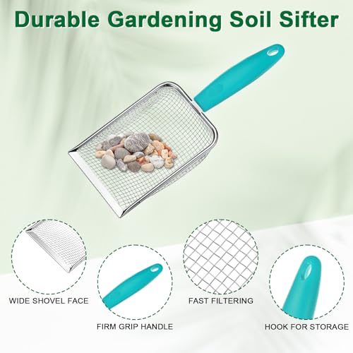 M METERXITY 1-Pack Gardening Soil Sifter, 3.8 mm Mesh Stainless Steel Portable Gardening Sifter with Plastic Handle for Sand/Dirt/Rock Compost [White, Blue] - color: White, Blue, size: 3.8X3.8mm