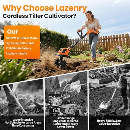 20V Cordlees Tiller Cultivator for Gardening, 400RPM Brushless Electric Garden Tiller Battery Powered((2*3.0Ah Battery&Charger), 9.5"Width 7"Depth, Garden Rototiller for Yard/Lawn/Soil Tiller (Orange)