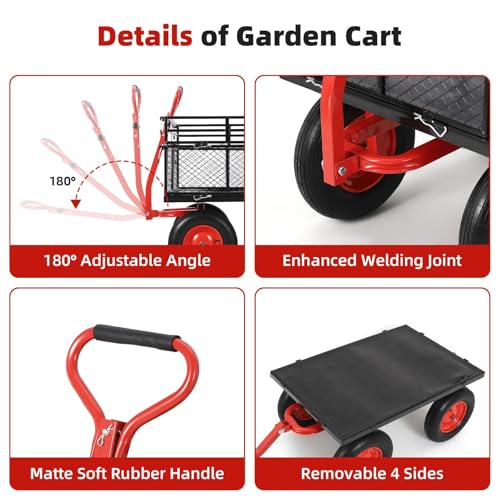 1400 Lbs Heavy Duty Garden Cart with 16" Pneumatic Tires & Removable Sides - Steel Utility Wagon with 180° Rotating Handle, Dump Feature for Yard, Firewood, Soil