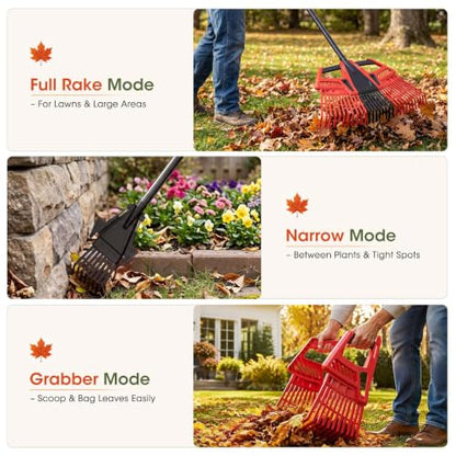 3-in-1 Leaf Rake for Lawns, 44"-72" Adjustable Handle
