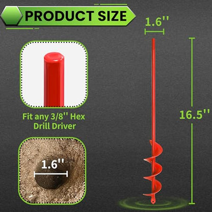 1.6"x16.5" Red Garden Auger Drill Bit for Planting, Post Hole Digger - color: Red, size: 1.6"x16.5"