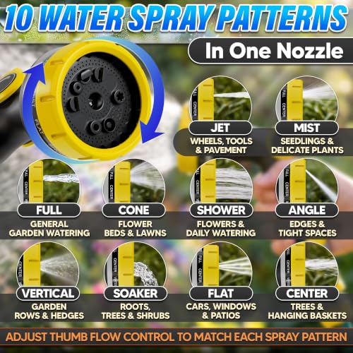Garden Hose Nozzle, 10 Spray Patterns, Thumb Flow Control, Yellow - color: Yellow