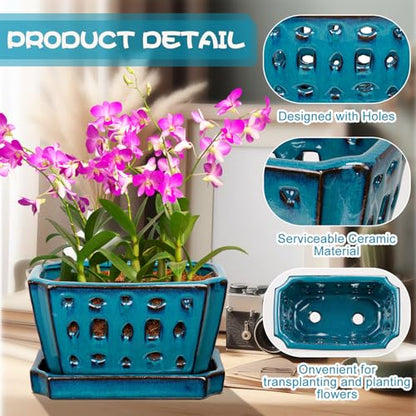 Teenyyou 7 Inch Ceramic Orchid Pot with Holes and Saucer Repotting,Blue - color: Blue