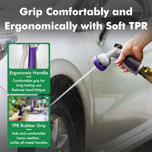 RESTMO Garden Hose Nozzle, Heavy Duty Metal Water Hose Nozzle with 7 Adjustable Spray Patterns, High Pressure Hand Sprayer with Flow Control, Best for Watering Plant & Lawn, Washing Car & Pet, Purple - color: Purple