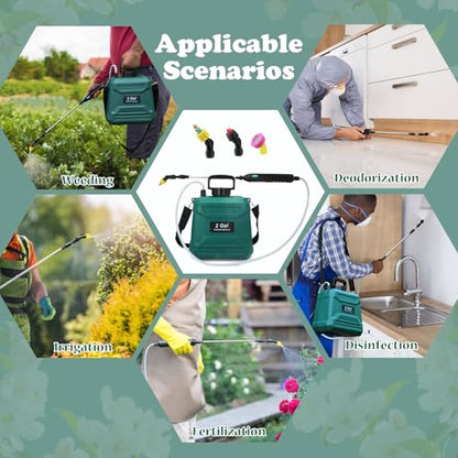 Battery Powered Sprayer 2 Gallon, Powerful Electric Garden Sprayer with 3 Mist Nozzles, USB Rechargeable Handle, Retractable Wand and Adjustable Shoulder Strap for Irrigation, Weeding(Green) - color: Green