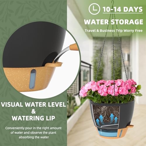 ZMTECH 12 Inch Hanging Planters for Indoor Outdoor Plants, 2 Pack Self Watering Hanging Plant Pots with Drainage Hole, Visual Reservoir, Plastic Flower Hanging Pots with Watering Lip (Black) - color: Black, size: 12 Inch - 2 pack
