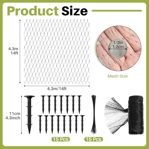 Koi Pond Netting Kit 14 x 14ft, Bird Deer Fence Netting, Durable Net Cover for Leaves, Heavy Duty Fine Mesh, Protect Fish from Blue Heron Birds, Cats & Predators, 15pcs Stakes & Ties Included - color: Black, size: 14 x 14ft