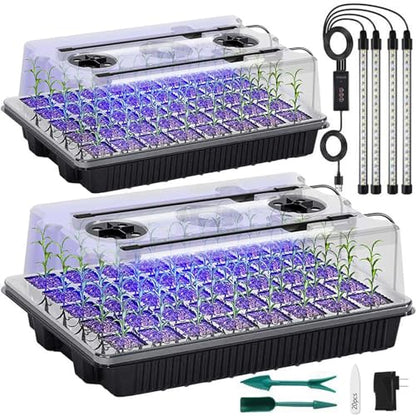 Seed Starter Tray with Grow Light, 2 Packs 80 Cells Seed Starting Kit, Reusable Seedling Starter Trays with Humidity Dome, Plant Germination Trays for Indoor Seed Starter Kit, Black - color: Black