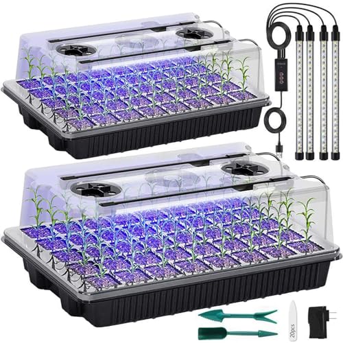 Seed Starter Tray with Grow Light, 2 Packs 80 Cells Seed Starting Kit, Reusable Seedling Starter Trays with Humidity Dome, Plant Germination Trays for Indoor Seed Starter Kit, Black - color: Black