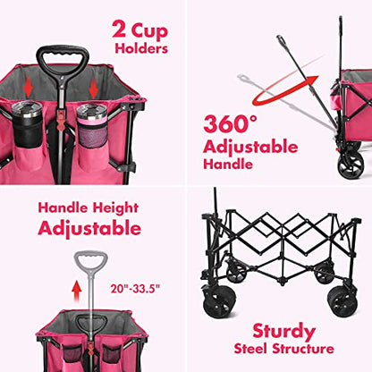 VILLEY Collapsible Folding Wagon with Big Wheels, Enlarged 225lbs Capacity, All Terrain Wagons Carts Heavy Duty Foldable, Portable Utility Garden Cart with 2 Cup Holders and Brake, Pink. - color: Pink