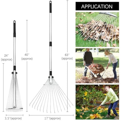 Buyplus Adjustable Garden Leaf Rake - 24 to 63 Inch Telescopic Metal Expandable Folding Leaves Rake, Metal Rake for Leaves, Yard Rakes for Lawn Yard, Flowers Beds, Black