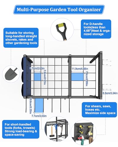 Garden Tool Organizer with Pegboard, Yard Tool Holder Standing for Garage Organization, Up to 30 Long-Handled/10 D-Handled Tools/Rake/Broom/Shovel/, with Side Storage Pocket
