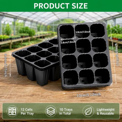 10 Pack Seed Starter Trays with Drainage Holes, Reusable 12 Cell Seedling Trays for Seed Starting, Plant Germination Trays for Herbs, Vegetables, Flowers, Indoor Greenhouse & Outdoor Gardening, Black