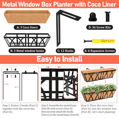 Riare 3 Pack 24 Inch Metal Railing Planter Window Box with Coco Liner- Adjustable Window Flower Boxes for Railings, Hanging Rail Planters for Deck, Balcony, Porch, Fence, Indoor Outdoor Plants - size: 24in