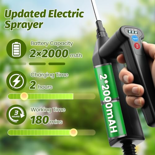 Battery Powered Sprayer Wand with 32.8FT Extended Hose, Electric Garden Sprayer with 3 Speeds & Battery Indicator, 4 Nozzles, 7.4V Portable Weed Sprayer for Lawn Care, Fertilizing, Watering