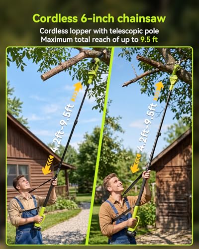 Supstable 4-in-1 Pole Saw & Pruning Shears Combo Kit, 6 Inch Mini Chainsaw for Tree Trimming, Battery Powered Chain Saw with Extension Pole, Limb Branch Cutter Pruner with 2 x 4000mAh Batteries - color: Kelly Green