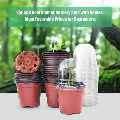 RooTrimmer Plant Nursery Pots with Humidity Domes, 25 Sets 4 Inch Soft Nursery Pots Quality Ones (25 Red Pots + 25 Clear Lids), Seeds Starter Pots Small Planter Containers - color: Red Pots With Domes-25p, size: 4Inch